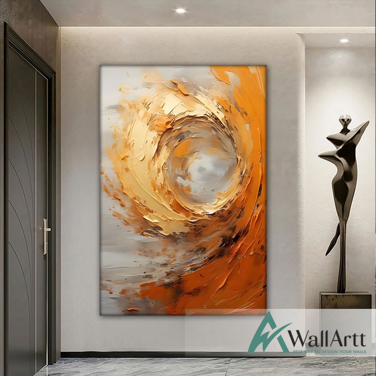 Abstract Orange Gold Wave 3d Heavy Textured Partial Oil Painting - Wall Art